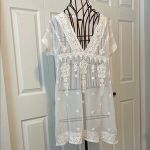 Sheer White Embroidered V-Neck Tunic by Zingara